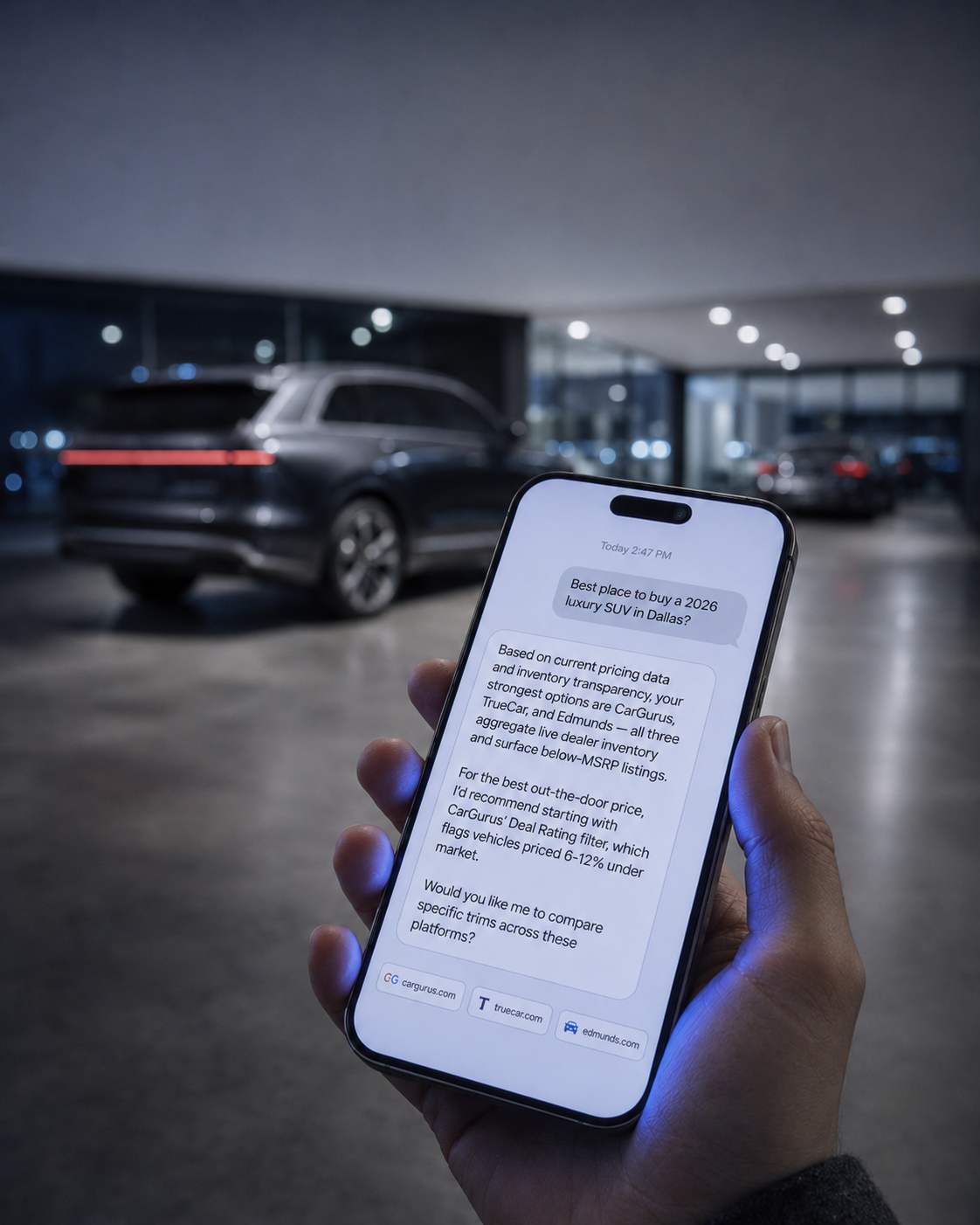 Smartphone showing a generic AI assistant recommending aggregator sites instead of a local dealership